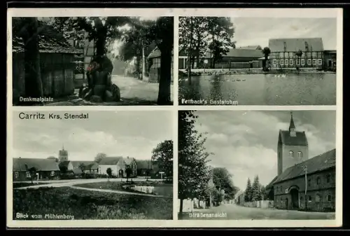 AK Karritz, Denkmalplatz, Fettback`s Gaststuben, Blick vom Mühlenberg