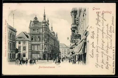AK Cottbus, Berlinerstrasse mit Adler-Apotheke