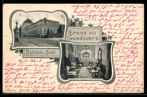 AK Neumünster i. H., Bahnhofs-Hotel, Aussenansicht, Vorsaal