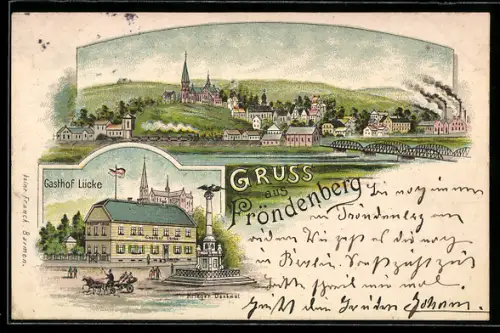 Lithographie Fröndenberg, Gasthof Lücke, Ortsansicht