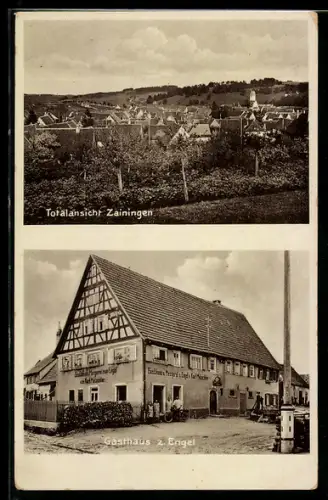 AK Zainingen, Totalansicht des Ortes und Gasthaus z. Engel