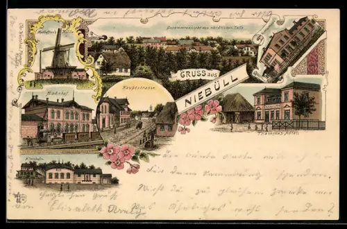 Lithographie Niebüll, Thamsens Hotel, Krankenhaus, Bahnhof, Hauptstrasse