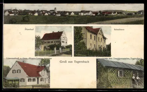 AK Tegernbach, Totalansicht, Pfarrhof, Schulhaus und Almenhütte des Trachtenvereins