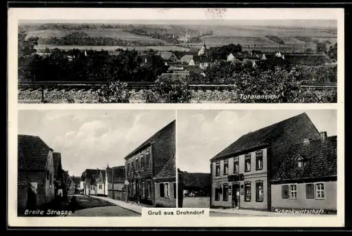 AK Drohndorf, Breite Strasse, Gasthaus, Ortsansicht mit Bahngleisen