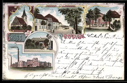Lithographie Prosigk, Gasthof zur Zuckerfabrik, Kirche, Zuckerfabrik