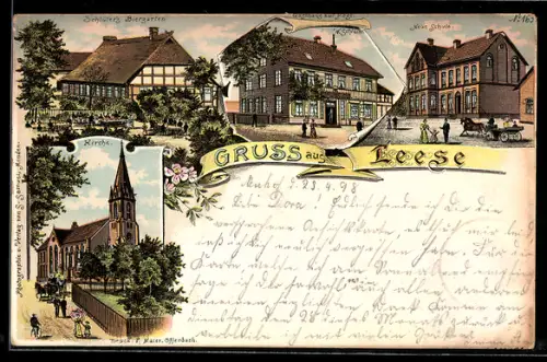 Lithographie Leese, Gasthaus zur Post, Schlüter`s Biergarten, Neue Schule, Kirche