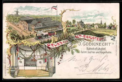Lithographie Hamburg-Rahlstedt, Bahnhofshotel von J. Godknecht