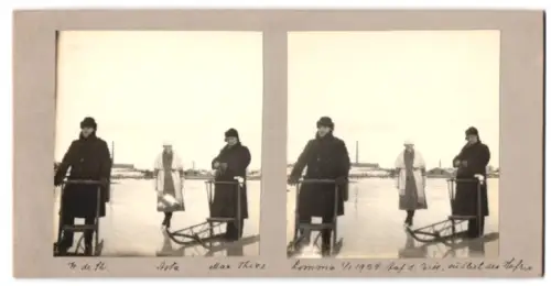Stereo-Fotografie unbekannter Fotograf, Ansicht Lomma, Personen mit Schlitten auf dem Eis südlich vom Hafen 1924