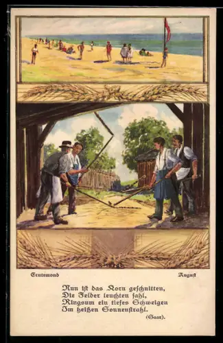 AK Allegorie August, Erntemond, Bauern beim harken und schlagen