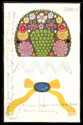 Künstler-AK sign. N. Spiegel: Collage aus verschiedenen Blumen und Obst