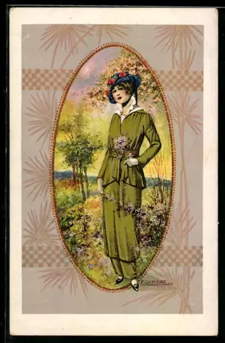 Künstler-AK sign. F. Gambar: Junge Frau mit Blumenstrauss und Hut