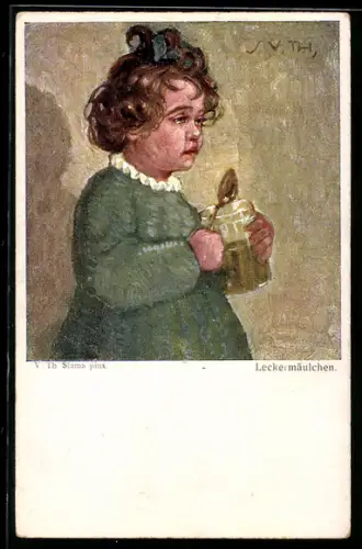 Künstler-AK sign. V. Th. Slama: Leckermäulchen, Mädchen mit Honigglas