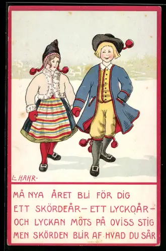 Künstler-AK sign. L. Hahr: Pärchen in Trachten auf einem verschneiten Feld