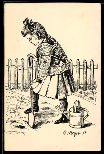 Künstler-AK sign. G. Meyer: Mädchen bei der Gartenarbeit