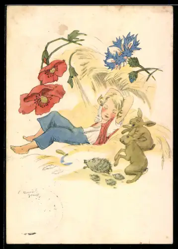 Künstler-AK sign. Luise Staudt-Zoerb: Kind schläft unter Blumen mit Igel und Kaninchen