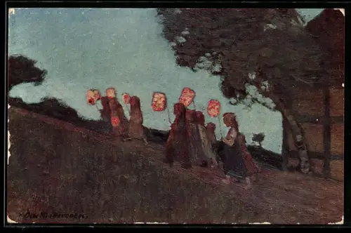 Künstler-AK Worpsweder Künstlerkolonie sign.Otto Modersohn: Abend, Kinder mit Lampignons