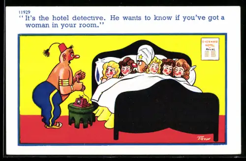 Künstler-AK sign. Trow: Mann liegt mit fünf Frauen im Bett