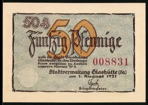 Notgeld Glashütte /Sa. 1921, 50 Pfennig, Rathaus und Taschenuhr
