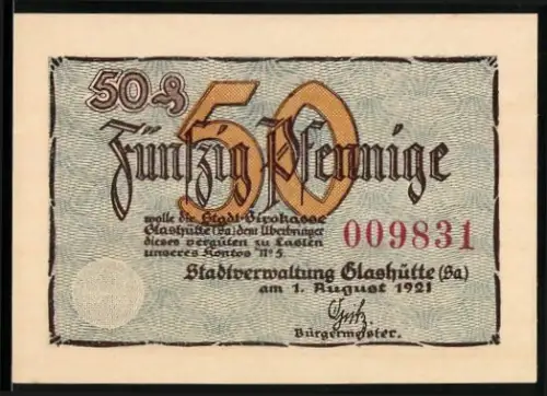 Notgeld Glashütte /Sa. 1921, 50 Pfennig, Deutsche Uhrmacherschule und Zahnräder