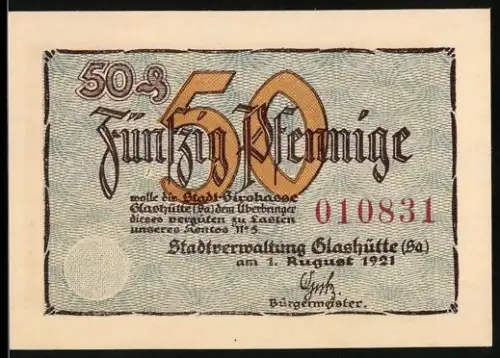 Notgeld Glashütte /Sa. 1921, 50 Pfennig, Uhr mit Spruch und Ziermotiv
