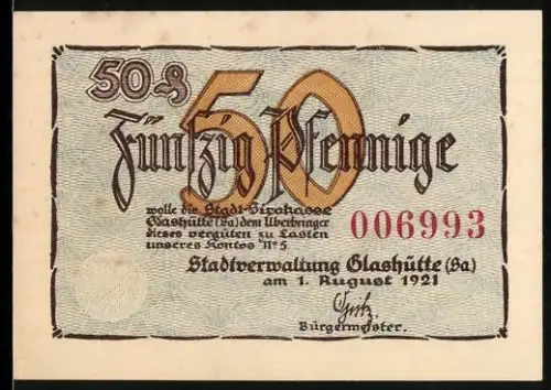 Notgeld Glashütte /Sa. 1921, 50 Pfennig, Sternwarte und Taschenuhr-Motiv