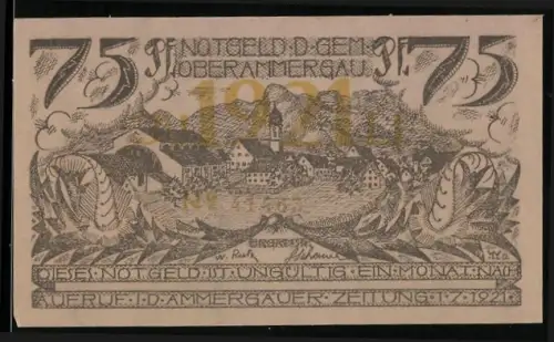 Notgeld Oberammergau 1921, 75 Pfennig, Ortsansicht und tanzende Figuren am Baum
