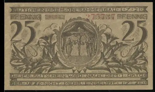 Notgeld Oberammergau 1921, 25 Pfennig, Kreuzigungsszene und Dorfszene mit Bauern
