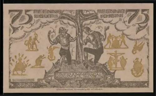 Notgeld Oberammergau 1921, 75 Pfennig, Ortsansicht und Passionsspiel-Szene
