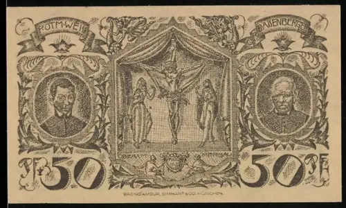 Notgeld Oberammergau 1921, 50 Pfennig, Passionsspielszene und Ansicht der Ortschasft