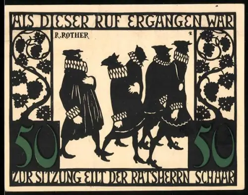 Notgeld Kitzingen a. M. 1921, 50 Pfennig, Ratsherren in historischer Kleidung und Stadtwappen