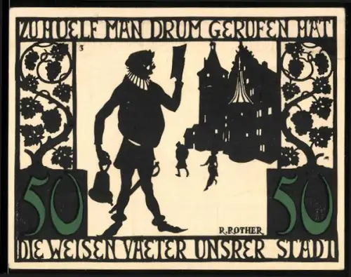 Notgeld Kitzingen a. M. 1921, 50 Pfennig, Silhouette mit Stadtwächter und Ortsansicht mit Wappen