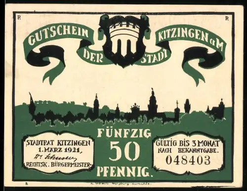 Notgeld Kitzingen a. M. 1921, 50 Pfennig, Stadtsilhouette und humoristische Szene