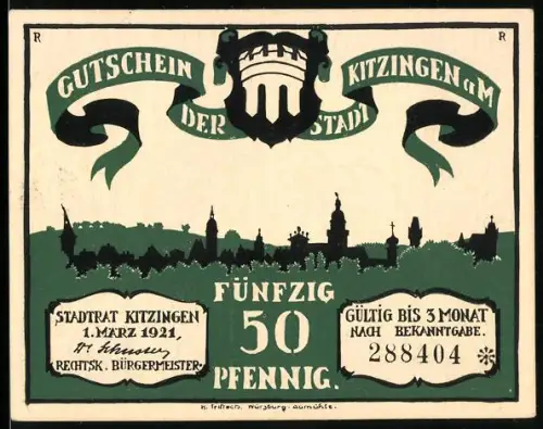 Notgeld Kitzingen a. M. 1921, 50 Pfennig, Stadtwappen und Silhouette, Silhouetten von Figuren mit Geldsack