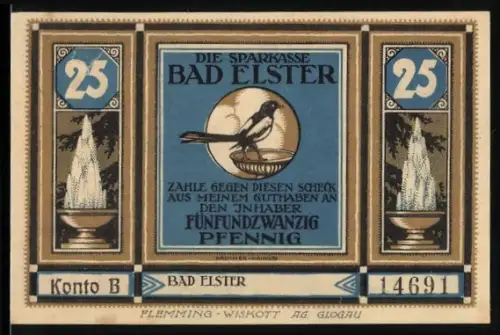 Notgeld Bad Elster, 25 Pfennig, Elster auf einer Schale und Ortsansicht von Bad Elster als Perle des Vogtlandes