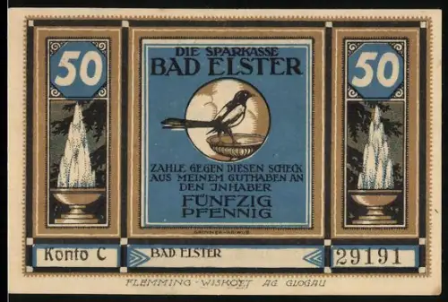 Notgeld Bad Elster, 50 Pfennig, Elster auf Brunnen, Salzquelle, Floratempel, Hygieagruppe