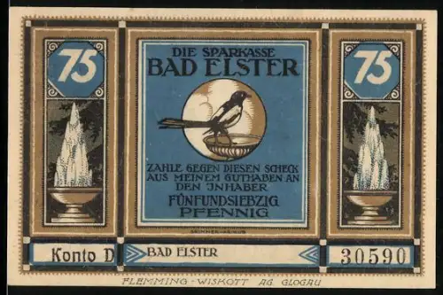 Notgeld Bad Elster, 75 Pfennig, Elster auf Brunnen, Goethe-Brunnen, Sachsenhof und Kurtheater, Naturtheater
