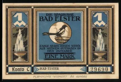 Notgeld Bad Elster, 1 Mark, Elster auf einem Ast, Ortsansicht mit Gebäuden und Waldsäumen