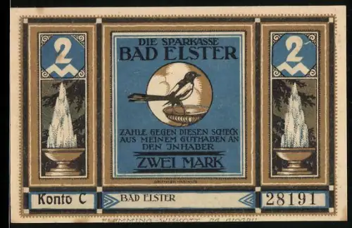Notgeld Bad Elster, 2 Mark, Elster auf Ast, Kurhaus und Landschaftsansicht