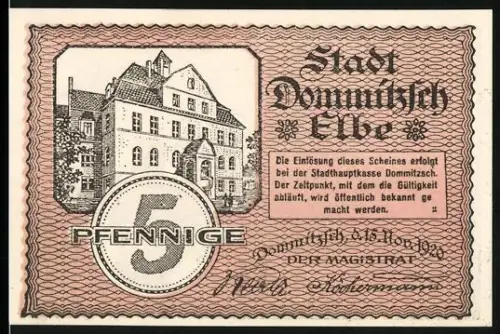 Notgeld Dommitzsch /Elbe 1920, 5 Pfennig, Gebäude und Alt-Dommitzsch um 1700