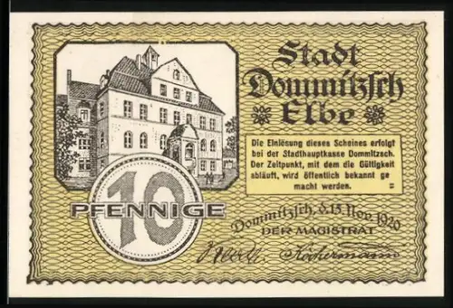 Notgeld Dommitzsch /Elbe 1920, 10 Pfennig, Stadthaus und Alt-Dommitzsch um 1700