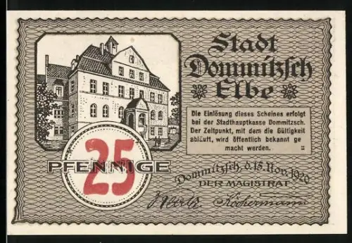 Notgeld Dommitzsch /Elbe 1920, 25 Pfennig, Gebäude und Ortsansicht um 1700