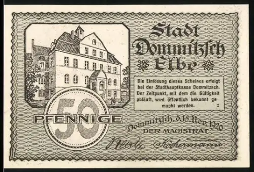 Notgeld Dommitzsch /Elbe 1920, 50 Pfennig, Gebäudeansicht und historische Ortsansicht um 1700