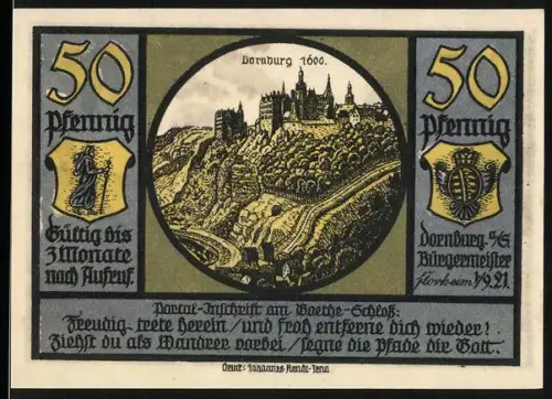 Notgeld Dornburg a. Saale 1921, 50 Pfennig, Dornburg-Schloss und Goethe-Motiv