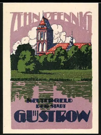 Notgeld Güstrow i. M. 1922, 10 Pfennig, Landschaft mit Kirche und Rind vor rotem Himmel