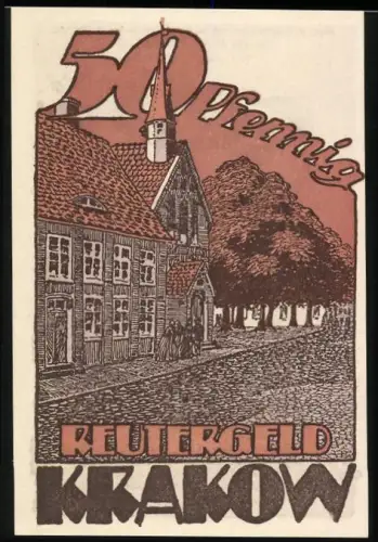 Notgeld Krakow i. M. 1922, 50 Pfennig, Fachwerkhaus und Baum, Gedicht mit Figur und Blumen