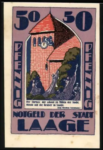 Notgeld Laage 1921, 50 Pfennig, Turm und Stierkopf mit Spruchband