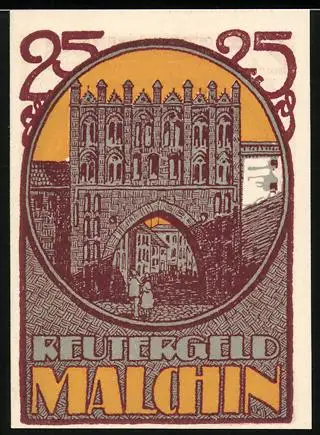 Notgeld Malchin 1922, 25 Pf, gotisches Tor und Gedicht mit floralem Rahmen