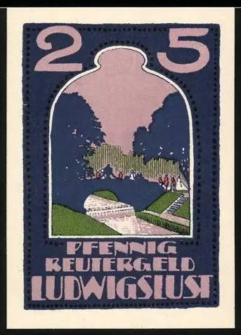 Notgeld Ludwigslust 1921, 25 Pfennig, Parklandschaft und Rokoko-Paar