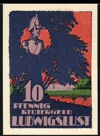 Notgeld Ludwigslust 1923, 10 Pfennig, Büste eines Offiziers und Kavallerie in Bewegung