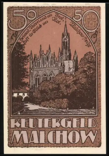 Notgeld Malchow 1922, 50 Pfennig, Kirche und Frau mit Spinnrad